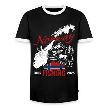 Excursion de pêche en Norvège 2025 - Cadeau de pêcheur - T-shirt contrasté Homme - noir/blanc - Devant - AI Model Female 172 light (172cm) & AI Model Male 178 light (178cm)