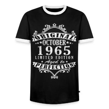 October 1965 Gift 1965 Birthday October 1965 - Men's Ringer Shirt - black/white - Front - AI Model Female 172 light (172cm) & AI Model Male 178 light (178cm)