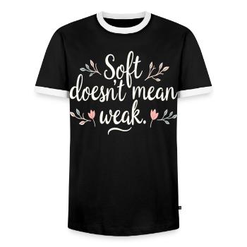 Soft Doesn’t Mean Weak – Selbstliebe - Männer Kontrast-T-Shirt - Schwarz/Weiß - Vorne - AI Model Female 172 light (172cm) & AI Model Male 178 light (178cm)