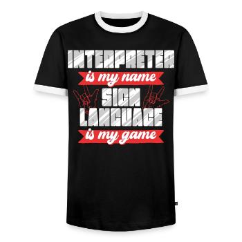 ASL Dolmetscher Gebärdensprache Sign Language - Männer Kontrast-T-Shirt - Schwarz/Weiß - Vorne - AI Model Female 172 light (172cm) & AI Model Male 178 light (178cm)