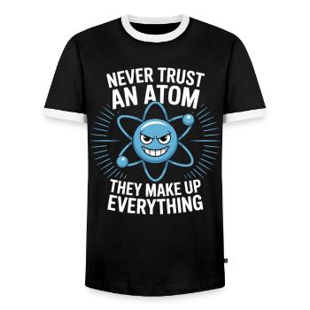 Funny Physics Shirt – Don't Trust an Atom Saying - Men's Ringer Shirt - black/white - Front - AI Model Female 172 light (172cm) & AI Model Male 178 light (178cm)