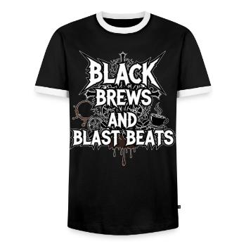 Black Brews and Blast Beats - Men's Ringer Shirt - black/white - Front - AI Model Female 172 light (172cm) & AI Model Male 178 light (178cm)
