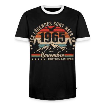 Awesome since November 1965 | November 1965 - Men's Ringer Shirt - black/white - Front - AI Model Female 172 light (172cm) & AI Model Male 178 light (178cm)