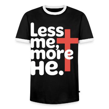 Less Me More He Christian Faith - Men's Ringer Shirt - black/white - Front - AI Model Female 172 light (172cm) & AI Model Male 178 light (178cm)