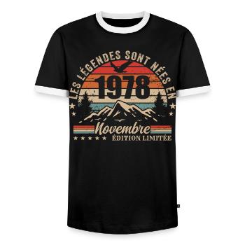 Awesome since November 1978 | November 1978 - Men's Ringer Shirt - black/white - Front - AI Model Female 172 light (172cm) & AI Model Male 178 light (178cm)
