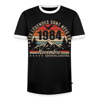 Awesome since November 1984 | November 1984 - Men's Ringer Shirt - black/white - Front - AI Model Female 172 light (172cm) & AI Model Male 178 light (178cm)