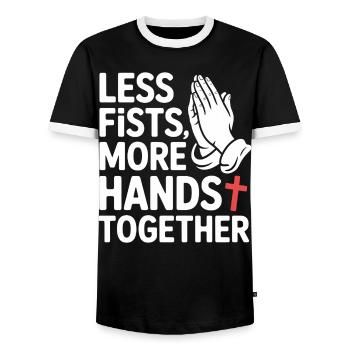 Less Fists More Hands Together Prayer - Men's Ringer Shirt - black/white - Front - AI Model Female 172 light (172cm) & AI Model Male 178 light (178cm)