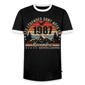 Awesome since November 1987 | November 1987 - Men's Ringer Shirt - black/white - Front - AI Model Female 172 light (172cm) & AI Model Male 178 light (178cm)