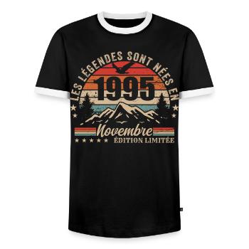 Awesome since November 1995 | November 1995 - Men's Ringer Shirt - black/white - Front - AI Model Female 172 light (172cm) & AI Model Male 178 light (178cm)