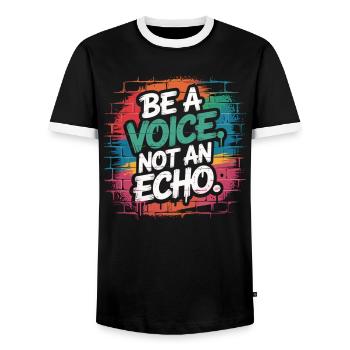 Be a Voice – Encouragement Saying in Retro Style - Men's Ringer Shirt - black/white - Front - AI Model Female 172 light (172cm) & AI Model Male 178 light (178cm)