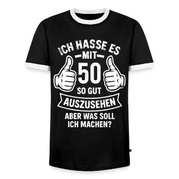 I hate to look so good at 50 - saying - Men's Ringer Shirt - black/white - Front - AI Model Female 172 light (172cm) & AI Model Male 178 light (178cm)