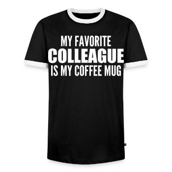 My favorite coworker is my cup of coffee - Men's Ringer Shirt - black/white - Front - AI Model Female 172 light (172cm) & AI Model Male 178 light (178cm)