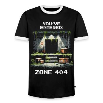 Zone 404 Discovered | Location not found - Humor - Men's Ringer Shirt - black/white - Front - AI Model Female 172 light (172cm) & AI Model Male 178 light (178cm)