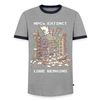 NPCs gone, lore stays | Post-apocalyptic - Men's Ringer Shirt - grey/navy  - Front - AI Model Female 172 light (172cm) & AI Model Male 178 light (178cm)