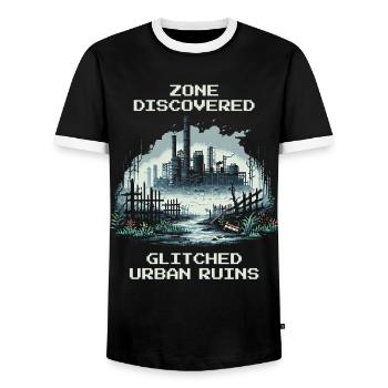 Zone Discovered: Bugged City Ruins - Men's Ringer Shirt - black/white - Front - AI Model Female 172 light (172cm) & AI Model Male 178 light (178cm)