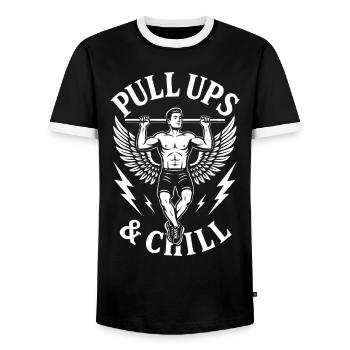 Klimmzüge &amp; Chill Calisthenics Fitness-Studio-Training - Männer Kontrast-T-Shirt - Schwarz/Weiß - Vorne - AI Model Female 172 light (172cm) & AI Model Male 178 light (178cm)