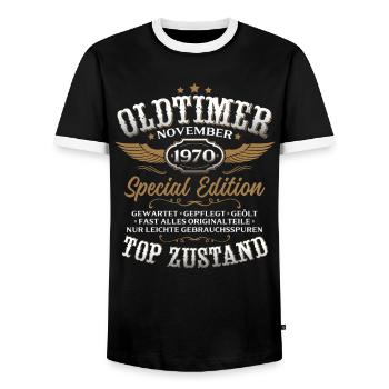 Cadeau 55ème anniversaire Voiture Ancienne Novembre 1970 - T-shirt contrasté Homme - noir/blanc - Devant - AI Model Female 172 light (172cm) & AI Model Male 178 light (178cm)