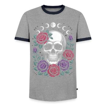 Gothic Skull with Moon Phases and Roses Design - Men's Ringer Shirt - grey/navy  - Front - AI Model Female 172 light (172cm) & AI Model Male 178 light (178cm)