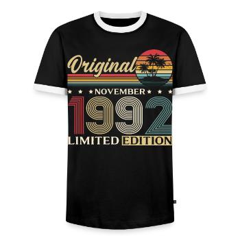 33ème Anniversaire Original Novembre Millésime 1992 - T-shirt contrasté Homme - noir/blanc - Devant - AI Model Female 172 light (172cm) & AI Model Male 178 light (178cm)