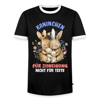Tierschutz KANINCHEN FÜR SUNEIGUNG NICHT FÜR TESTS - Männer Kontrast-T-Shirt - Schwarz/Weiß - Vorne - AI Model Female 172 light (172cm) & AI Model Male 178 light (178cm)