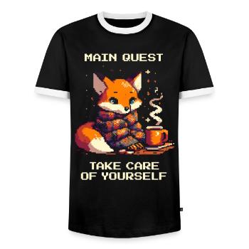 Main Quest: Take Care of Yourself | Self-care - Men's Ringer Shirt - black/white - Front - AI Model Female 172 light (172cm) & AI Model Male 178 light (178cm)