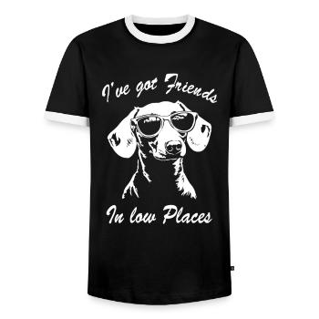 Dackel Lustig Spruch I've Got Friends In Low Place - Männer Kontrast-T-Shirt - Schwarz/Weiß - Vorne - AI Model Female 172 light (172cm) & AI Model Male 178 light (178cm)