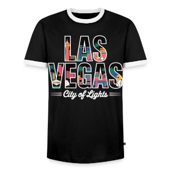 Las Vegas City of Lights – Retro Casino - Men's Ringer Shirt - black/white - Front - AI Model Female 172 light (172cm) & AI Model Male 178 light (178cm)