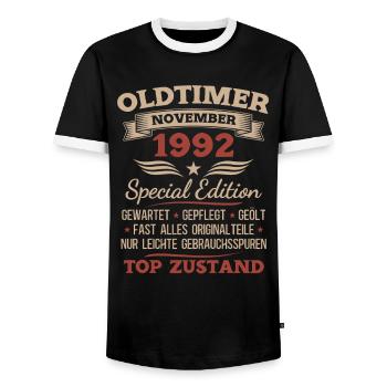33. Geburtstag Geschenk Oldtimer November 1992 - Männer Kontrast-T-Shirt - Schwarz/Weiß - Vorne - AI Model Female 172 light (172cm) & AI Model Male 178 light (178cm)