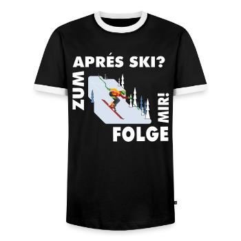 For après-ski? Follow me! – Hüttengaudi Spruch - Men's Ringer Shirt - black/white - Front - AI Model Female 172 light (172cm) & AI Model Male 178 light (178cm)