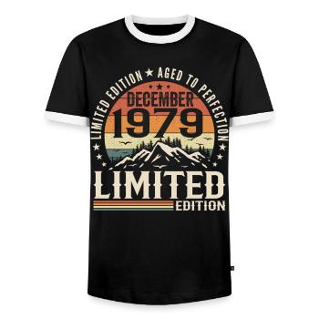 December 1979 - Men's Ringer Shirt - black/white - Front - AI Model Female 172 light (172cm) & AI Model Male 178 light (178cm)