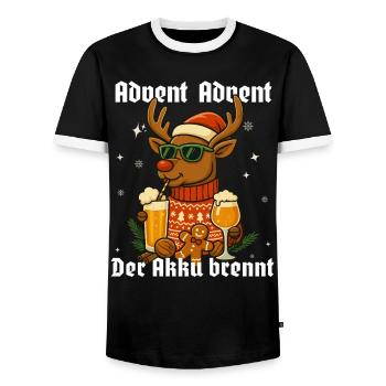 Advent Advent – The battery burns Reindeer - Men's Ringer Shirt - black/white - Front - AI Model Female 172 light (172cm) & AI Model Male 178 light (178cm)
