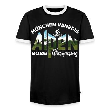 Alpenüberquerung 2026 München Venedig, Fahrrad - Männer Kontrast-T-Shirt - Schwarz/Weiß - Vorne - AI Model Female 172 light (172cm) & AI Model Male 178 light (178cm)