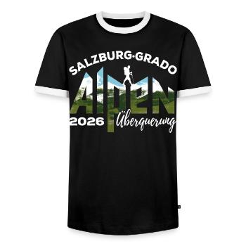 Alpine Crossing Alps 2026 Salzburg Grado Hiking - Men's Ringer Shirt - black/white - Front - AI Model Female 172 light (172cm) & AI Model Male 178 light (178cm)