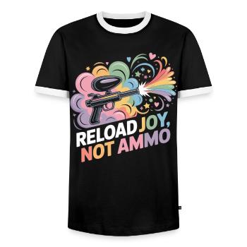 Paintball Shirt - Reload Joy Not Ammo - Men's Ringer Shirt - black/white - Front - AI Model Female 172 light (172cm) & AI Model Male 178 light (178cm)