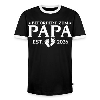Promoted to Papa est. 2026 Paternity - Men's Ringer Shirt - black/white - Front - AI Model Female 172 light (172cm) & AI Model Male 178 light (178cm)