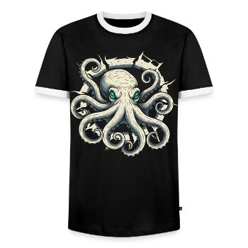 Octopus peeking out of crack - octopus tentacle - Men's Ringer Shirt - black/white - Front - AI Model Female 172 light (172cm) & AI Model Male 178 light (178cm)