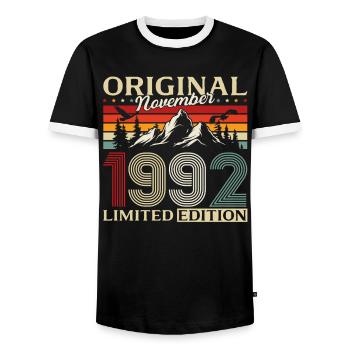 33ème Anniversaire Original Novembre Millésime 1992 - T-shirt contrasté Homme - noir/blanc - Devant - AI Model Female 172 light (172cm) & AI Model Male 178 light (178cm)