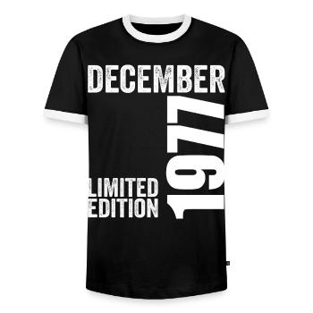 Retro Birthday Gift - December 1977 - Men's Ringer Shirt - black/white - Front - AI Model Female 172 light (172cm) & AI Model Male 178 light (178cm)