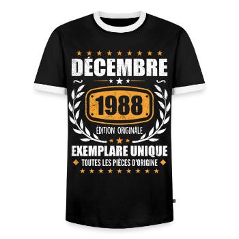 December 1988 Birthday - Born In December 1988 - Men's Ringer Shirt - black/white - Front - AI Model Female 172 light (172cm) & AI Model Male 178 light (178cm)
