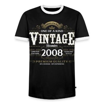 18th Birthday Vintage November Vintage 2008 - Men's Ringer Shirt - black/white - Front - AI Model Female 172 light (172cm) & AI Model Male 178 light (178cm)
