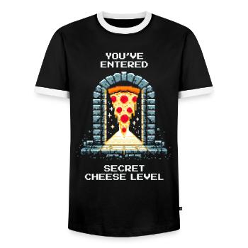 Enter Secret Cheese Level | Pizza Dungeon Gag - Men's Ringer Shirt - black/white - Front - AI Model Female 172 light (172cm) & AI Model Male 178 light (178cm)