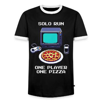 Solo Run: One Player, One Pizza | Singleplayer - Men's Ringer Shirt - black/white - Front - AI Model Female 172 light (172cm) & AI Model Male 178 light (178cm)