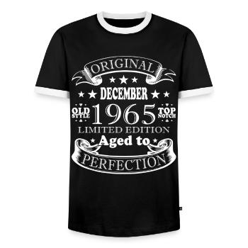 December 1965 | Birthday 1965 Vintage December - Men's Ringer Shirt - black/white - Front - AI Model Female 172 light (172cm) & AI Model Male 178 light (178cm)