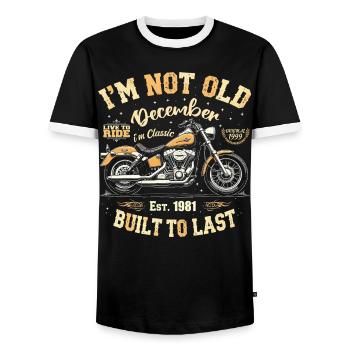 I'm not old December Built in 1981 - Men's Ringer Shirt - black/white - Front - AI Model Female 172 light (172cm) & AI Model Male 178 light (178cm)