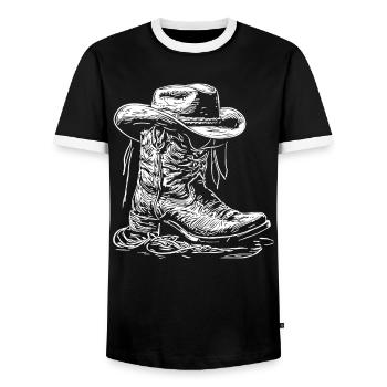Western Boots Line Painting - Men's Ringer Shirt - black/white - Front - AI Model Female 172 light (172cm) & AI Model Male 178 light (178cm)