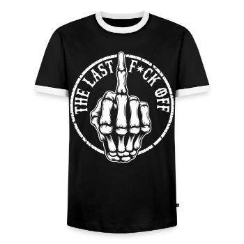My Last F*ck Off – Skelett-Mittelfinger Design - Männer Kontrast-T-Shirt - Schwarz/Weiß - Vorne - AI Model Female 172 light (172cm) & AI Model Male 178 light (178cm)