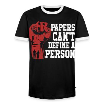 Les Humanity Papers ne peuvent pas définir une personne - T-shirt contrasté Homme - noir/blanc - Devant - AI Model Female 172 light (172cm) & AI Model Male 178 light (178cm)