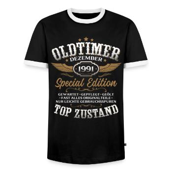 35th Birthday Gift Classic Car December 1991 - Men's Ringer Shirt - black/white - Front - AI Model Female 172 light (172cm) & AI Model Male 178 light (178cm)