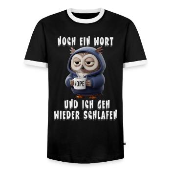 Tired owl humor saying for morning grouch coffee - Men's Ringer Shirt - black/white - Front - AI Model Female 172 light (172cm) & AI Model Male 178 light (178cm)