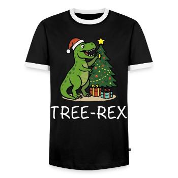 Tree-Rex – Dino Weihnachtsmotiv T-Rex - Männer Kontrast-T-Shirt - Schwarz/Weiß - Vorne - AI Model Female 172 light (172cm) & AI Model Male 178 light (178cm)